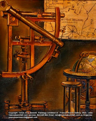 still life vanitas oil painting of sextant maps and other antique navigation instruments by heritage artist Jane Bennett